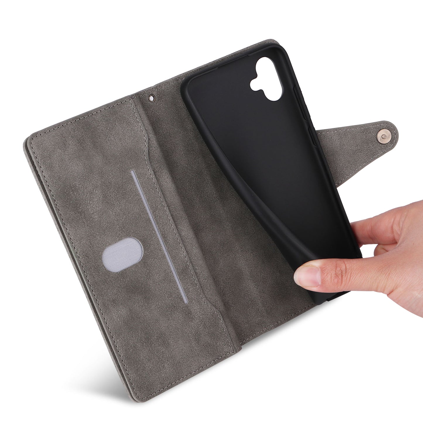 For Samsung Galaxy A06 Case Zipper Wallet Leather Stand Phone Cover Rivet Decor - Grey