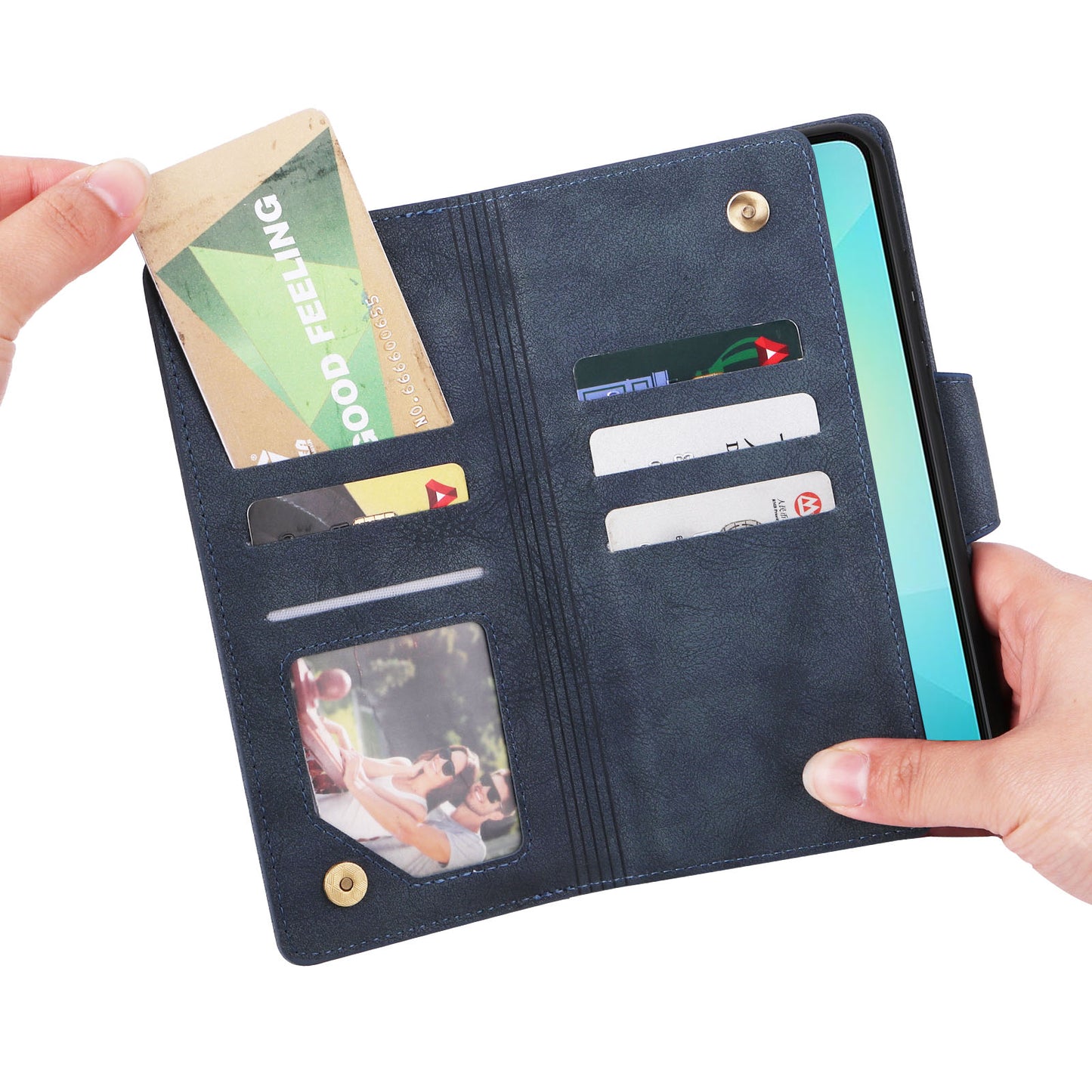 For Samsung Galaxy A06 Case Zipper Wallet Leather Stand Phone Cover Rivet Decor - Blue