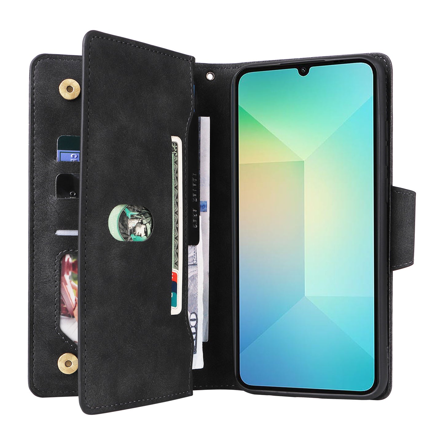 For Samsung Galaxy A06 Case Zipper Wallet Leather Stand Phone Cover Rivet Decor - Black