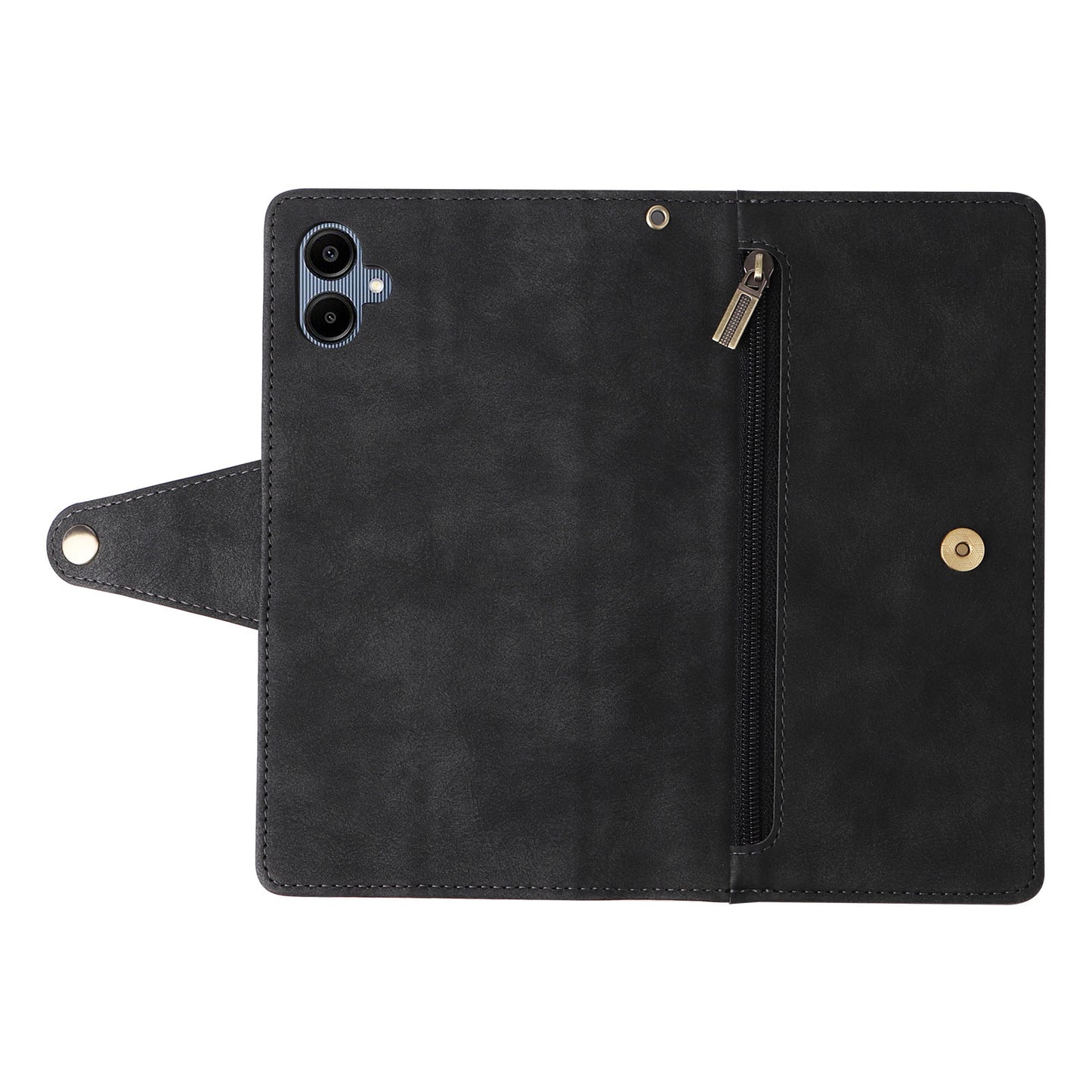 For Samsung Galaxy A06 Case Zipper Wallet Leather Stand Phone Cover Rivet Decor - Black