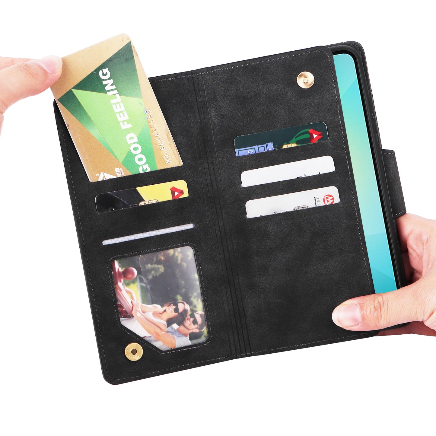 For Samsung Galaxy A06 Case Zipper Wallet Leather Stand Phone Cover Rivet Decor - Black