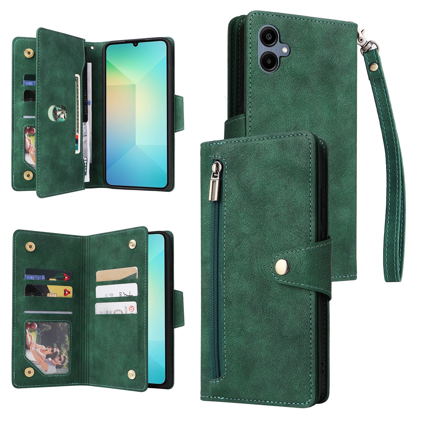 For Samsung Galaxy A06 Case Zipper Wallet Leather Stand Phone Cover Rivet Decor - Green