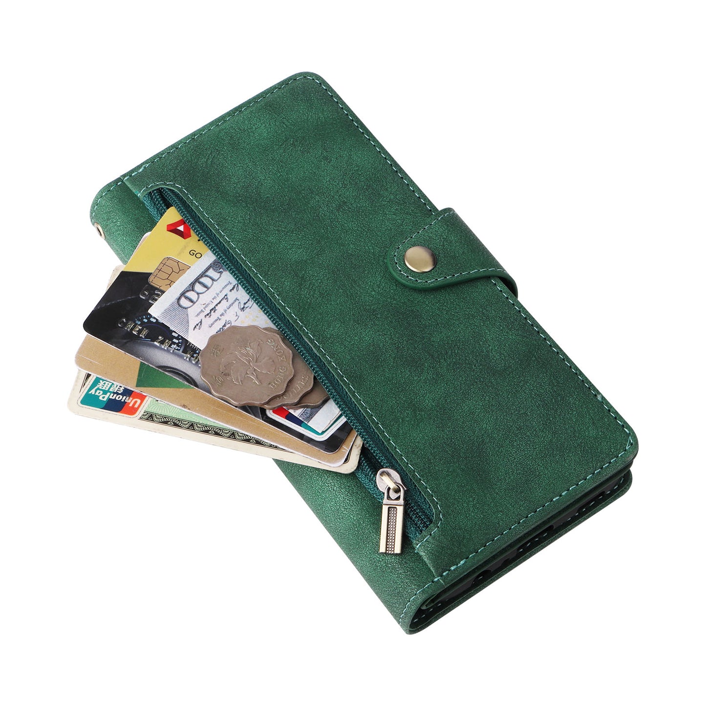 For Samsung Galaxy A06 Case Zipper Wallet Leather Stand Phone Cover Rivet Decor - Green