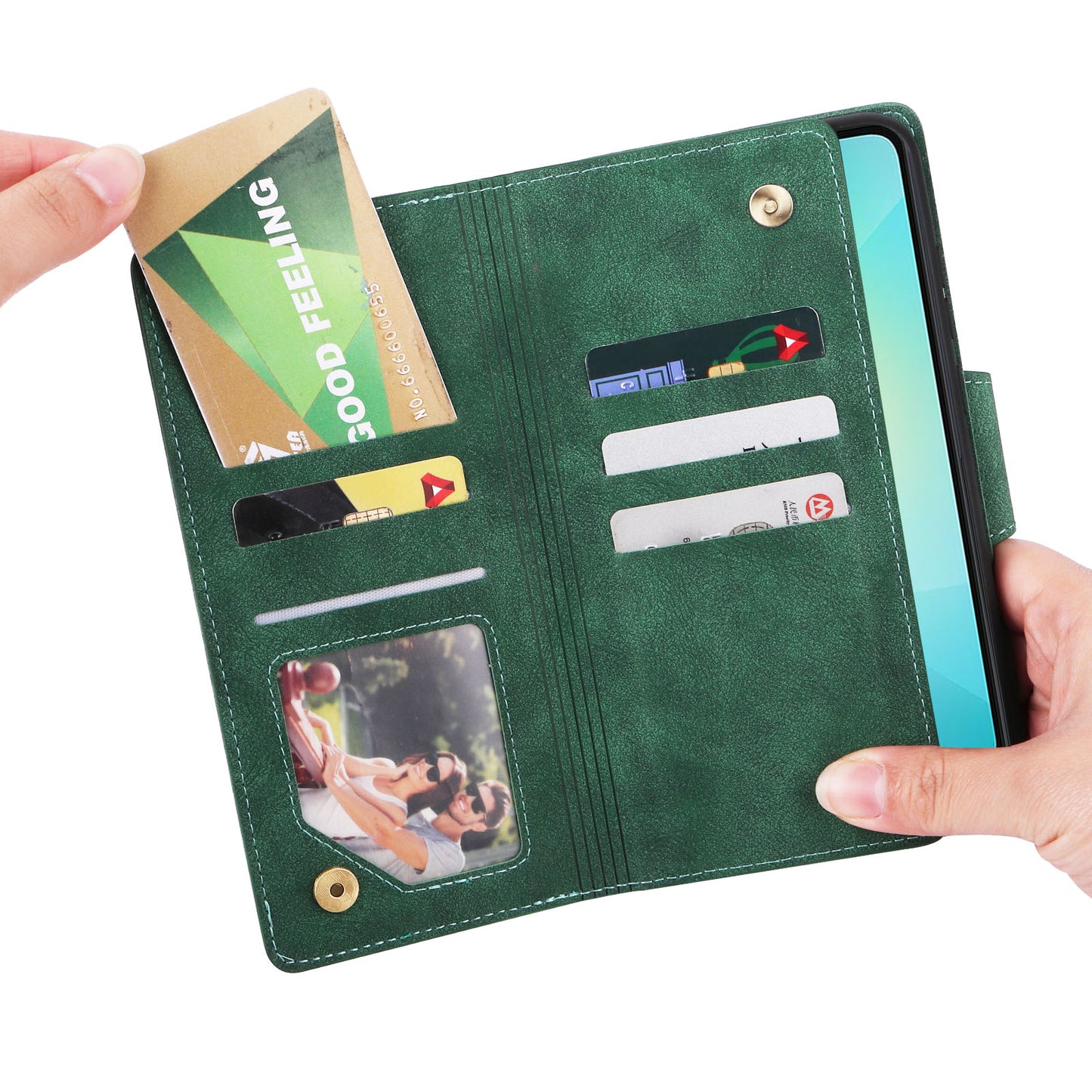 For Samsung Galaxy A06 Case Zipper Wallet Leather Stand Phone Cover Rivet Decor - Green