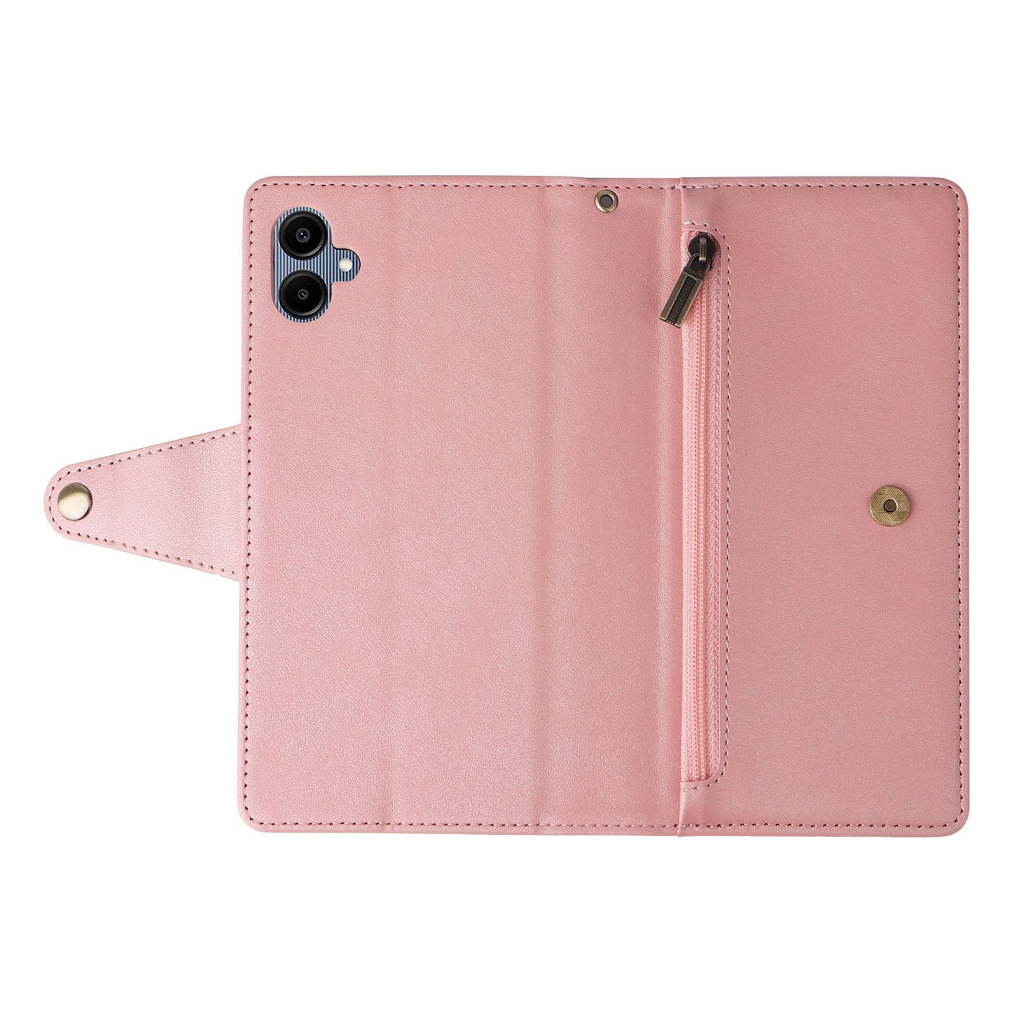 For Samsung Galaxy A06 Case Zipper Wallet Leather Stand Phone Cover Rivet Decor - Rose Gold