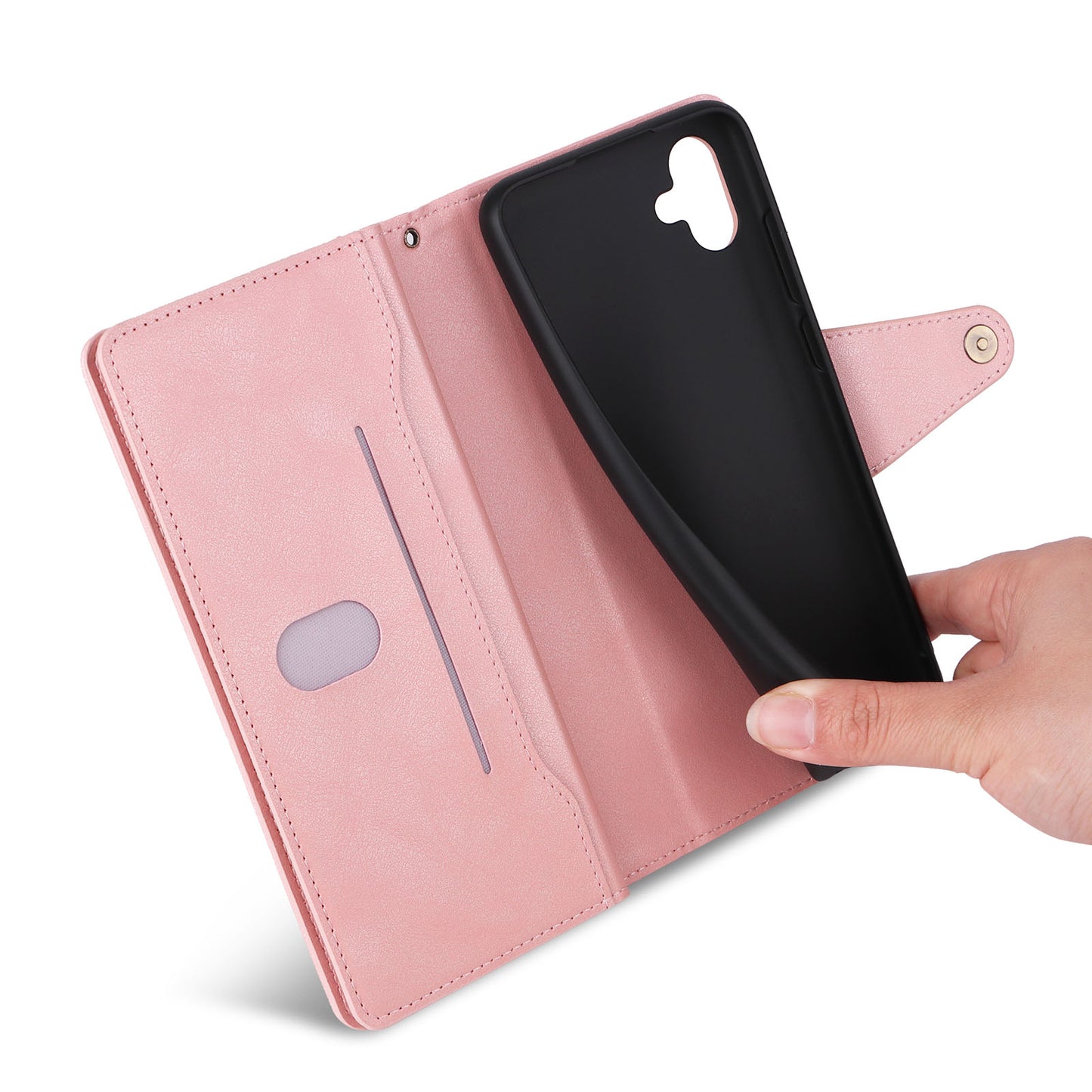 For Samsung Galaxy A06 Case Zipper Wallet Leather Stand Phone Cover Rivet Decor - Rose Gold