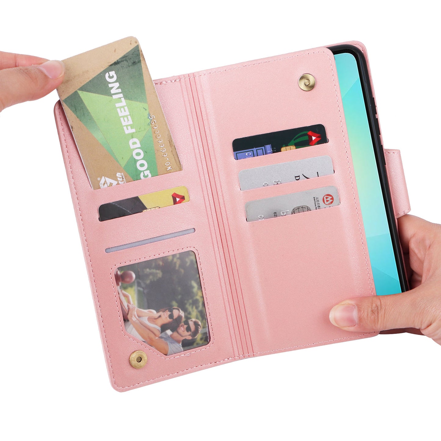 For Samsung Galaxy A06 Case Zipper Wallet Leather Stand Phone Cover Rivet Decor - Rose Gold