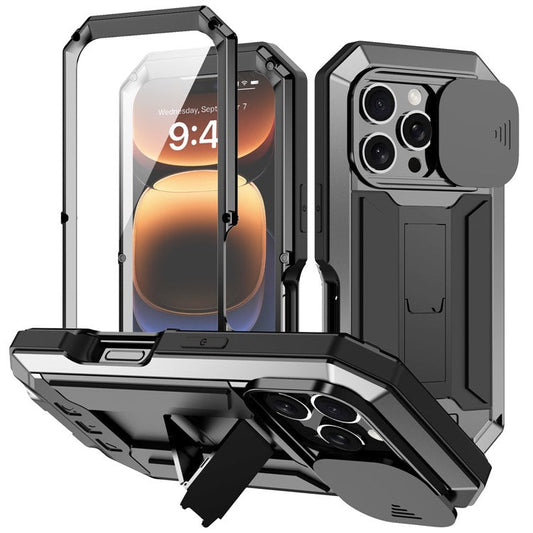 R-JUST For iPhone 16 Pro Kickstand Case Silicone+Metal+PC+Tempered Glass Screen Film Phone Cover -  Black