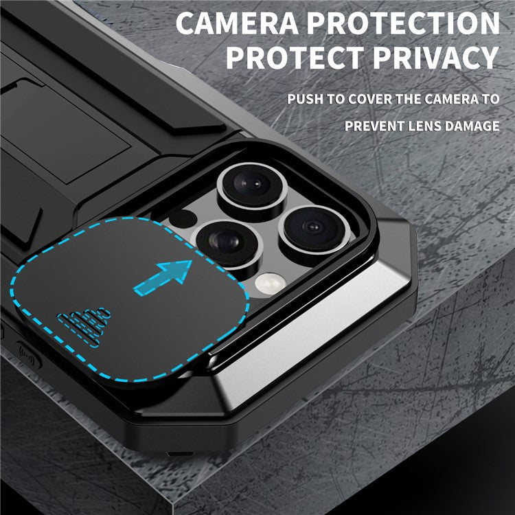 R-JUST For iPhone 16 Pro Kickstand Case Silicone+Metal+PC+Tempered Glass Screen Film Phone Cover -  Black