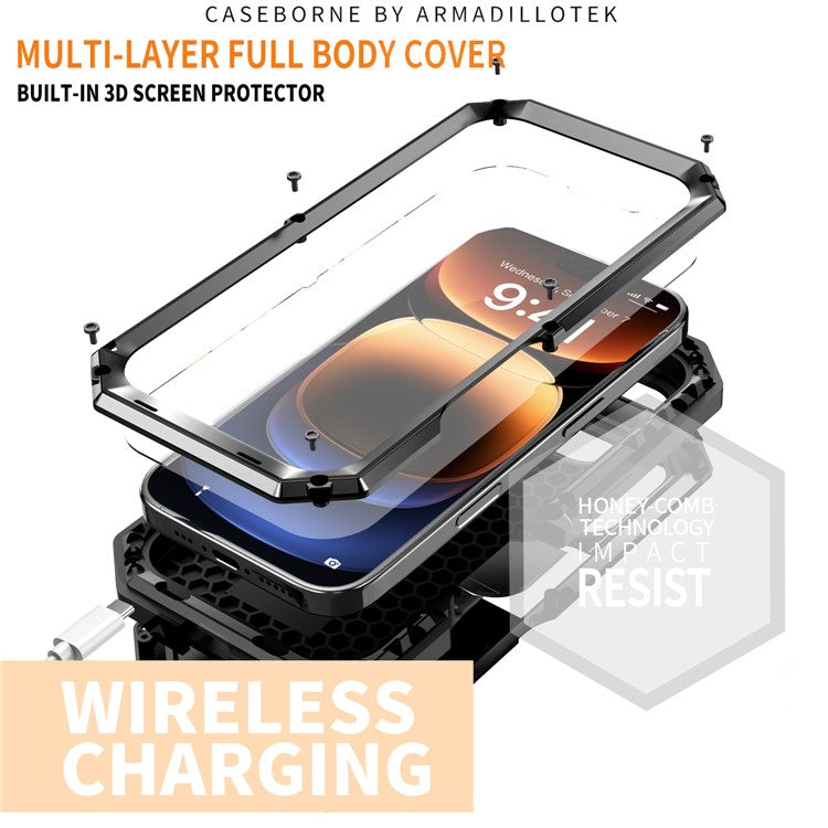 R-JUST For iPhone 16 Pro Kickstand Case Silicone+Metal+PC+Tempered Glass Screen Film Phone Cover -  Black