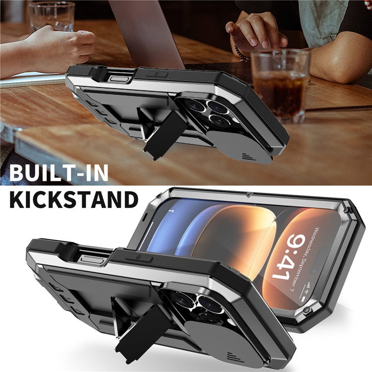 R-JUST For iPhone 16 Pro Kickstand Case Silicone+Metal+PC+Tempered Glass Screen Film Phone Cover -  Black