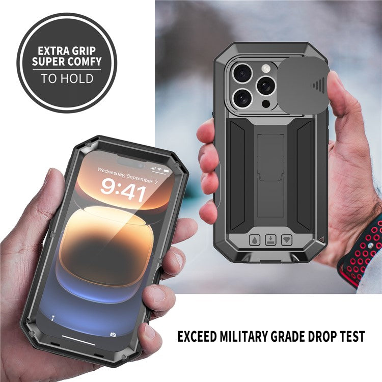 R-JUST For iPhone 16 Pro Kickstand Case Silicone+Metal+PC+Tempered Glass Screen Film Phone Cover -  Black