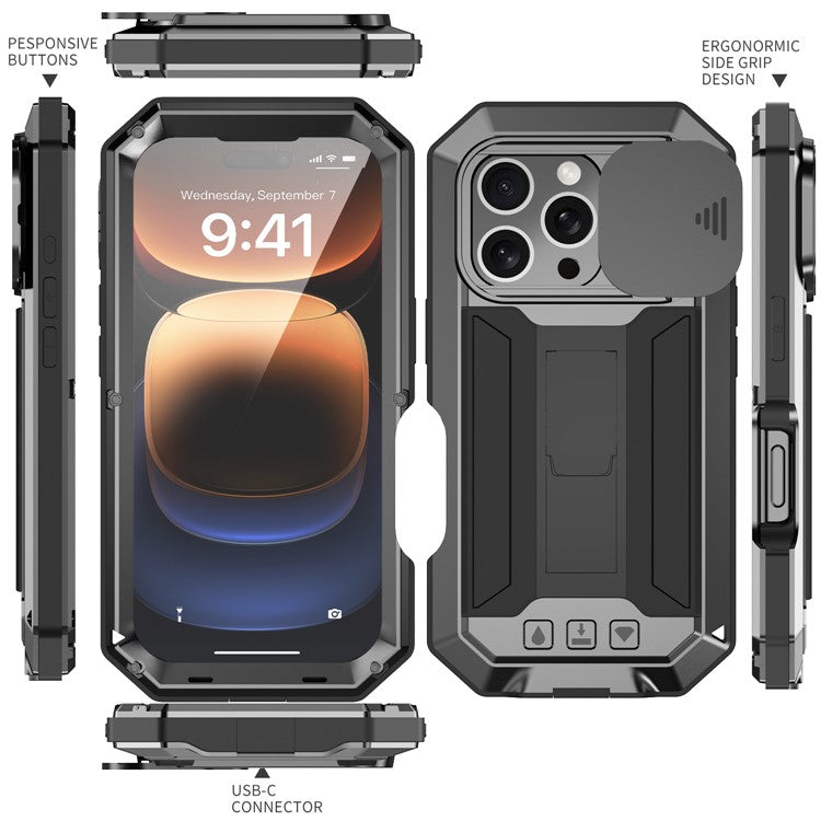 R-JUST For iPhone 16 Pro Kickstand Case Silicone+Metal+PC+Tempered Glass Screen Film Phone Cover -  Black