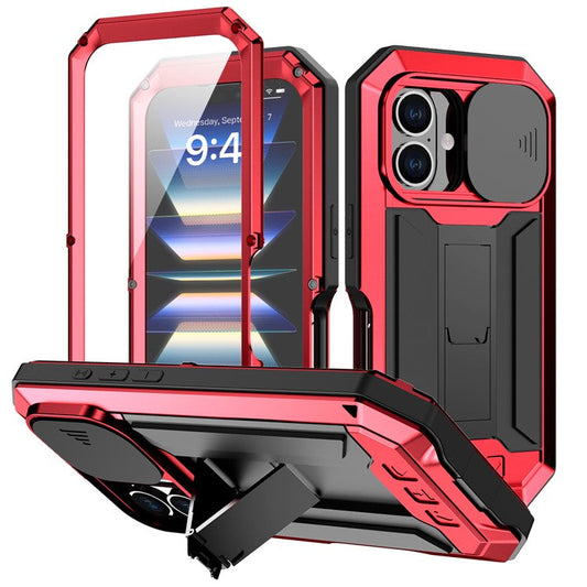 R-JUST For iPhone 16 Plus Kickstand Case Silicone+Metal+PC+Tempered Glass Screen Film Phone Cover - Red
