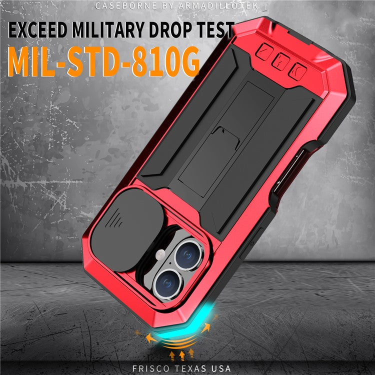 R-JUST For iPhone 16 Plus Kickstand Case Silicone+Metal+PC+Tempered Glass Screen Film Phone Cover - Red