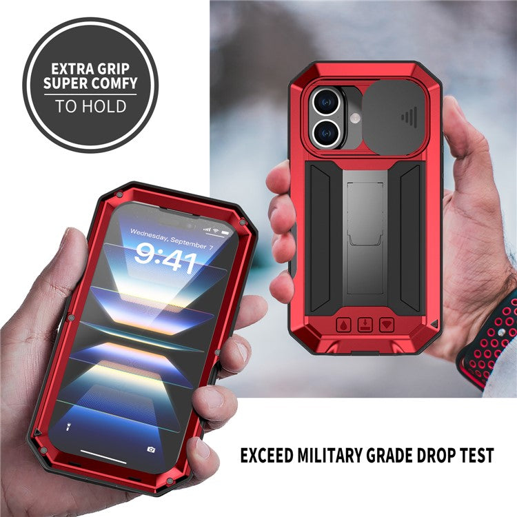 R-JUST For iPhone 16 Plus Kickstand Case Silicone+Metal+PC+Tempered Glass Screen Film Phone Cover - Red