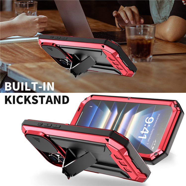R-JUST For iPhone 16 Plus Kickstand Case Silicone+Metal+PC+Tempered Glass Screen Film Phone Cover - Red