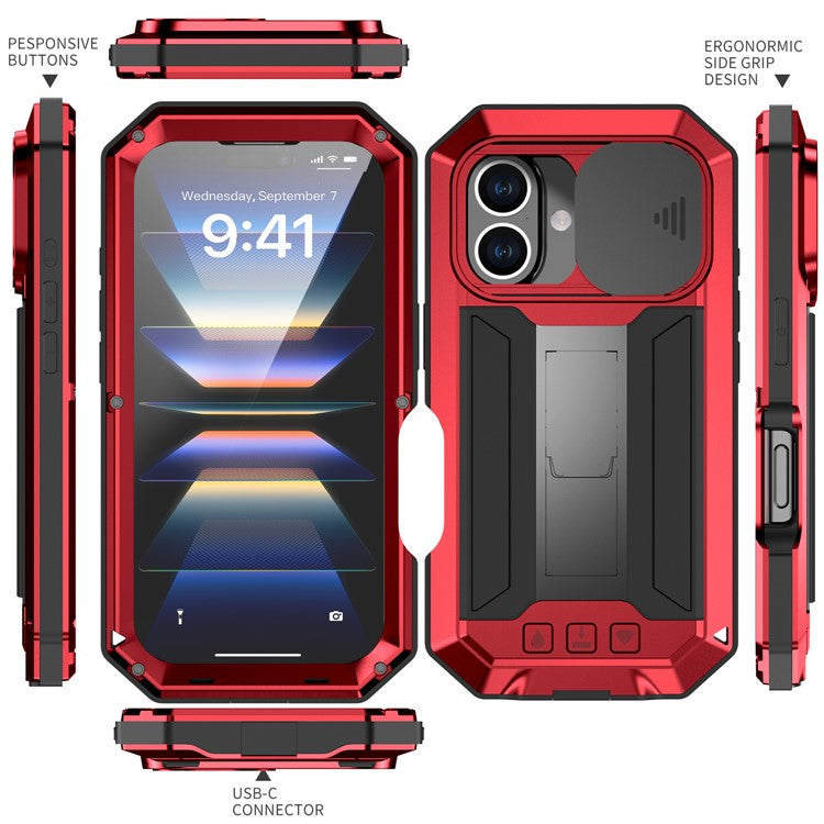 R-JUST For iPhone 16 Plus Kickstand Case Silicone+Metal+PC+Tempered Glass Screen Film Phone Cover - Red