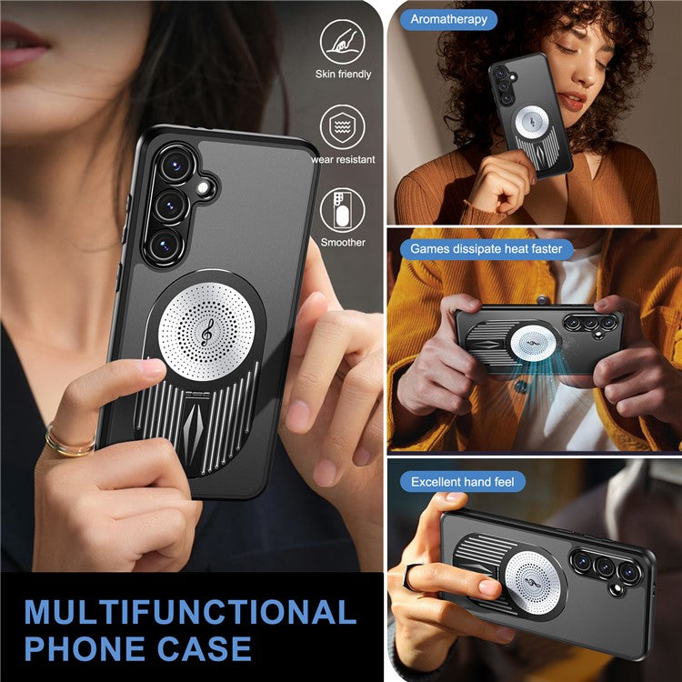 For Samsung Galaxy S24 FE Magnetic Case Heat Dissipation Aromatherapy Kickstand Silicone+PC Phone Cover - Black