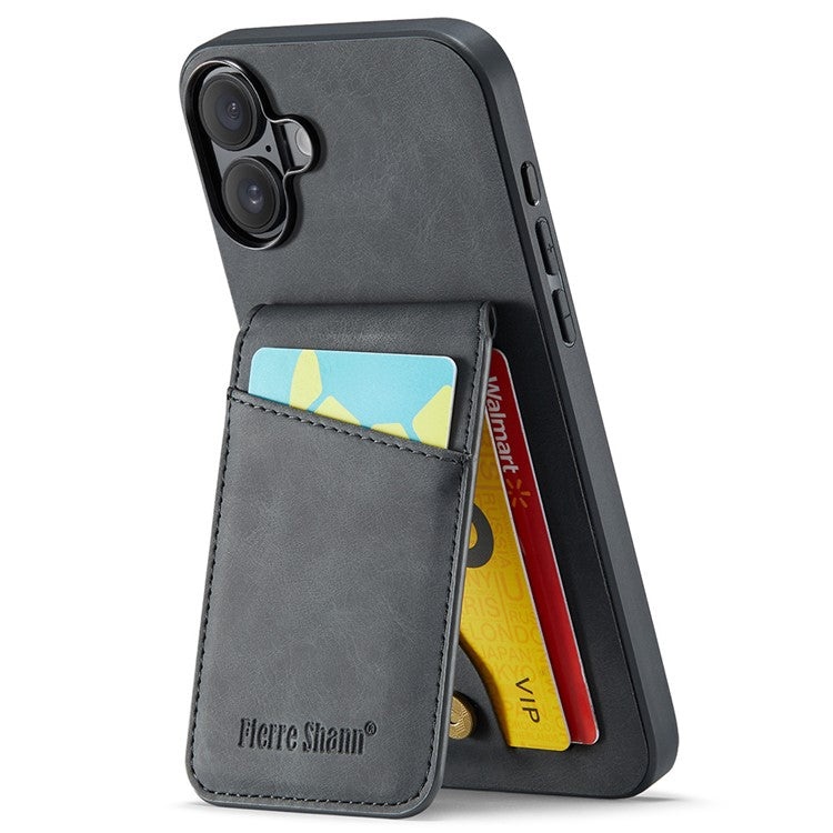 FIERRE SHANN For iPhone 16 Plus Case Card Holder Kickstand Leather RFID Blocking Back Cover - Black