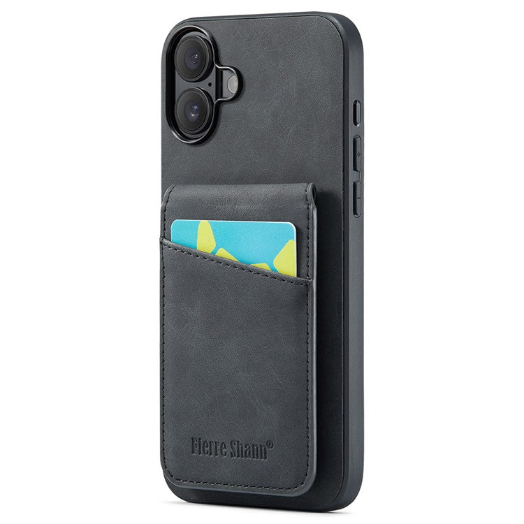 FIERRE SHANN For iPhone 16 Plus Case Card Holder Kickstand Leather RFID Blocking Back Cover - Black