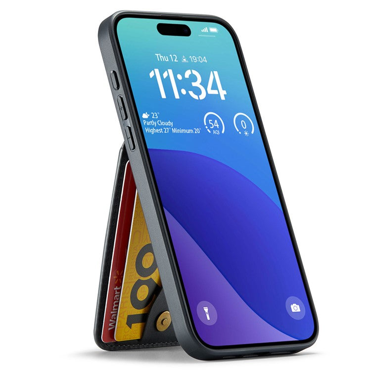 FIERRE SHANN For iPhone 16 Plus Case Card Holder Kickstand Leather RFID Blocking Back Cover - Black