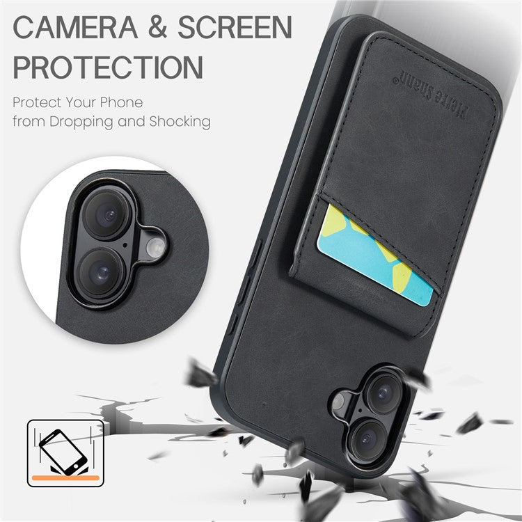 FIERRE SHANN For iPhone 16 Plus Case Card Holder Kickstand Leather RFID Blocking Back Cover - Black