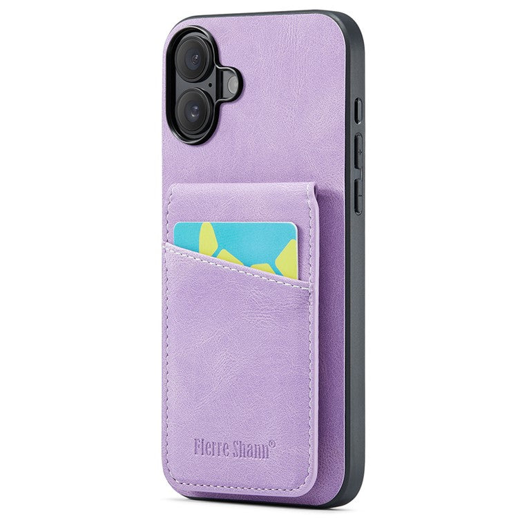 FIERRE SHANN For iPhone 16 Plus Case Card Holder Kickstand Leather RFID Blocking Back Cover - Purple