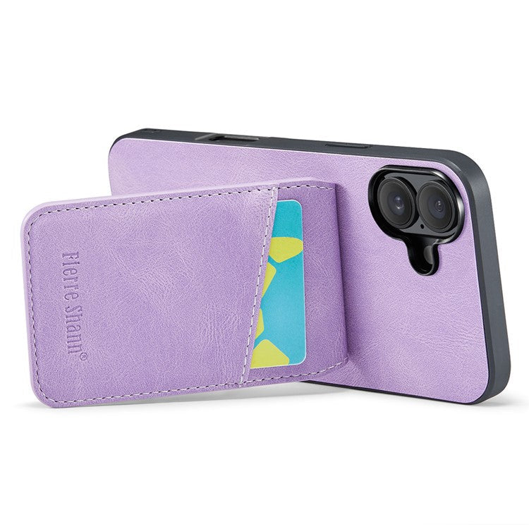 FIERRE SHANN For iPhone 16 Plus Case Card Holder Kickstand Leather RFID Blocking Back Cover - Purple