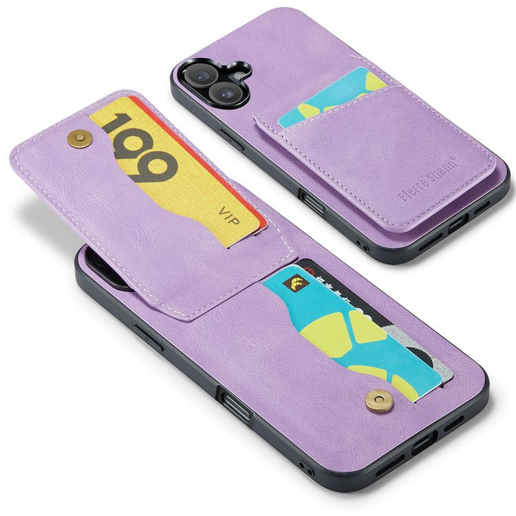FIERRE SHANN For iPhone 16 Plus Case Card Holder Kickstand Leather RFID Blocking Back Cover - Purple