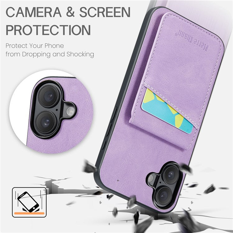 FIERRE SHANN For iPhone 16 Plus Case Card Holder Kickstand Leather RFID Blocking Back Cover - Purple