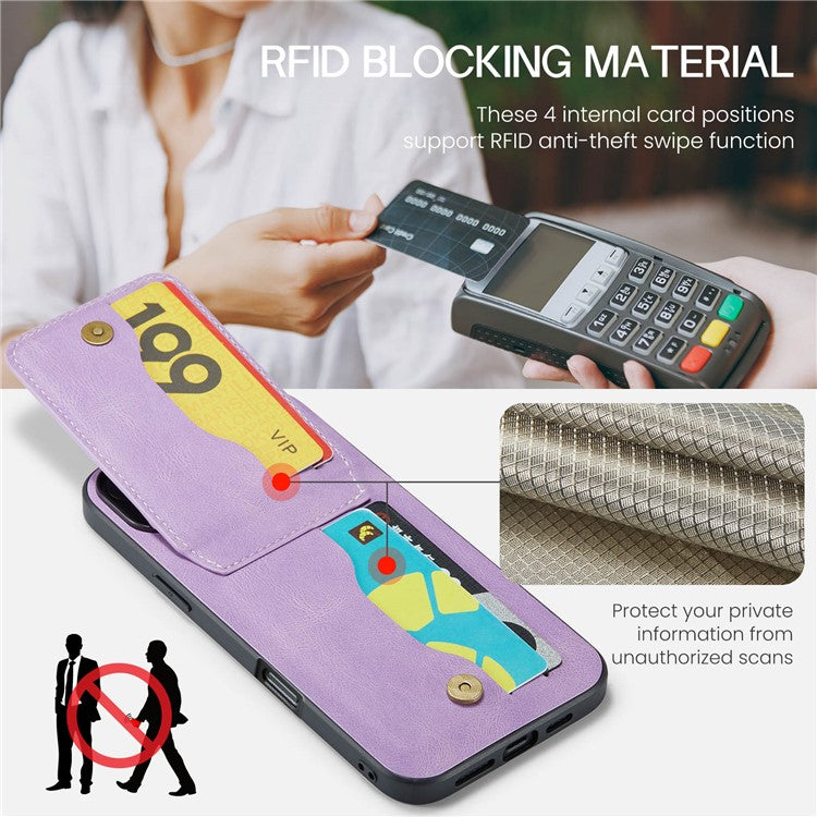 FIERRE SHANN For iPhone 16 Plus Case Card Holder Kickstand Leather RFID Blocking Back Cover - Purple