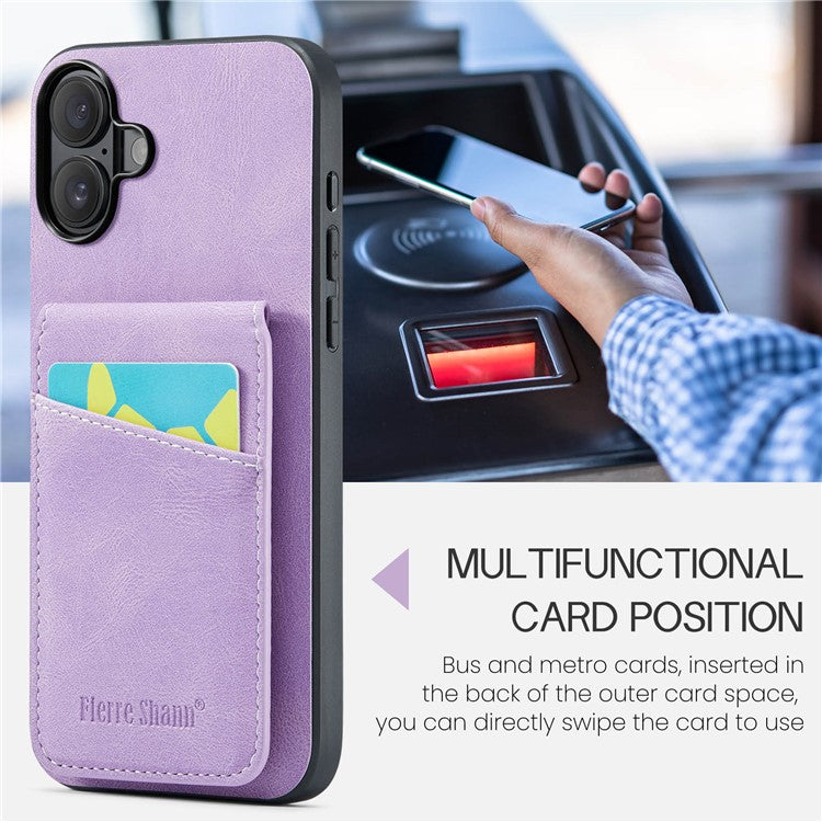 FIERRE SHANN For iPhone 16 Plus Case Card Holder Kickstand Leather RFID Blocking Back Cover - Purple
