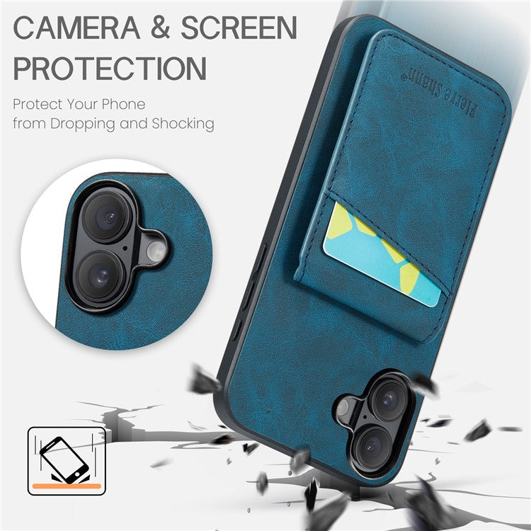 FIERRE SHANN For iPhone 16 Plus Case Card Holder Kickstand Leather RFID Blocking Back Cover - Blue