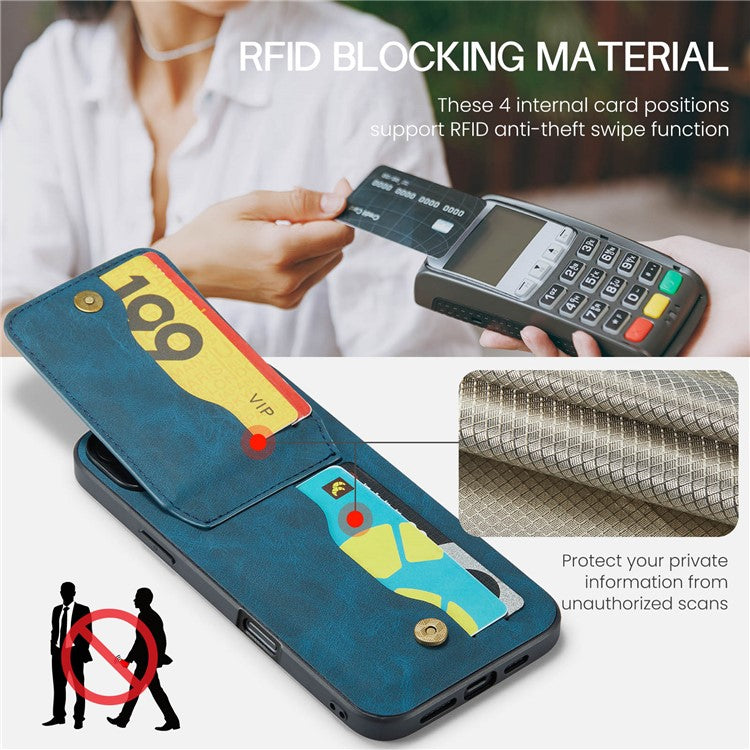 FIERRE SHANN For iPhone 16 Plus Case Card Holder Kickstand Leather RFID Blocking Back Cover - Blue