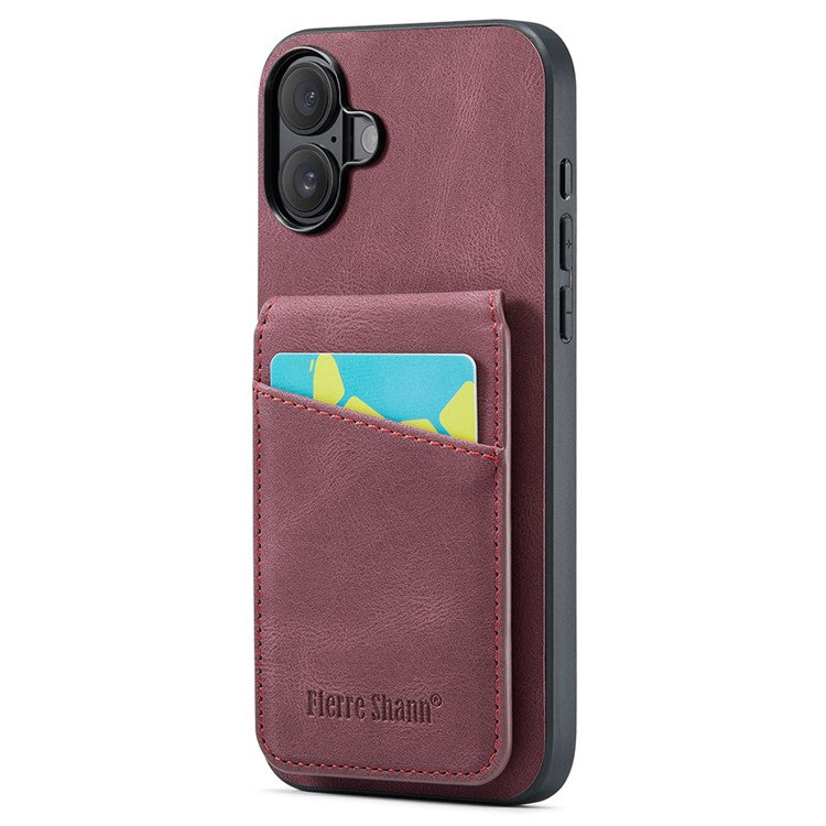 FIERRE SHANN For iPhone 16 Case Card Holder Kickstand Leather RFID Blocking Back Cover - Wine Red