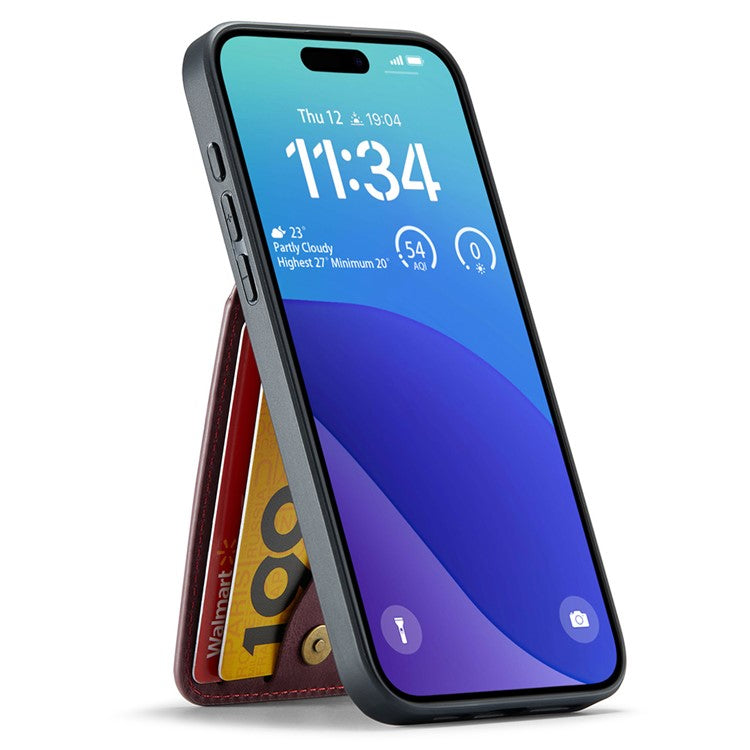 FIERRE SHANN For iPhone 16 Case Card Holder Kickstand Leather RFID Blocking Back Cover - Wine Red