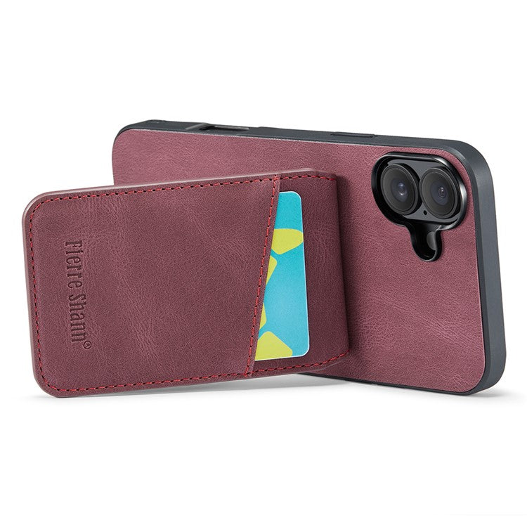 FIERRE SHANN For iPhone 16 Case Card Holder Kickstand Leather RFID Blocking Back Cover - Wine Red