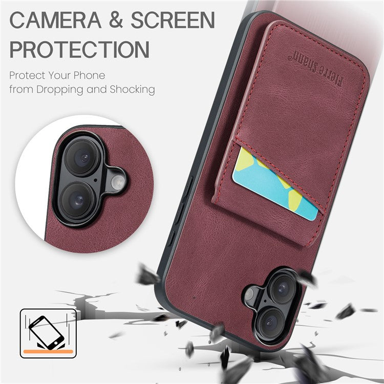 FIERRE SHANN For iPhone 16 Case Card Holder Kickstand Leather RFID Blocking Back Cover - Wine Red
