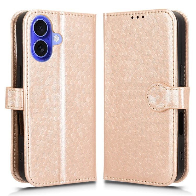 For iPhone 16 Wallet Case Dot Pattern Imprint PU Leather Phone Cover - Rose Gold