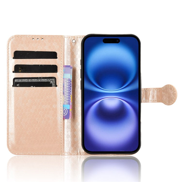 For iPhone 16 Wallet Case Dot Pattern Imprint PU Leather Phone Cover - Rose Gold