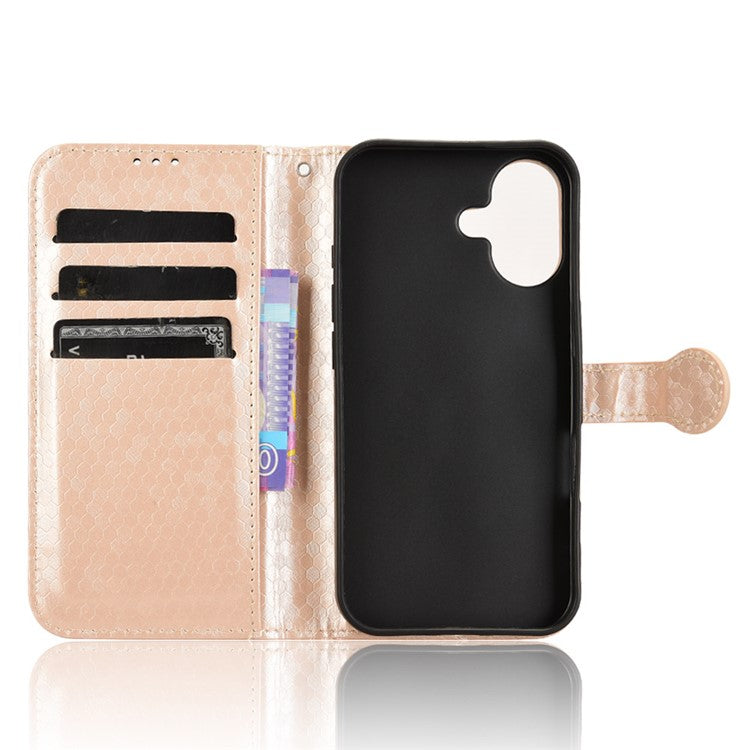 For iPhone 16 Wallet Case Dot Pattern Imprint PU Leather Phone Cover - Rose Gold