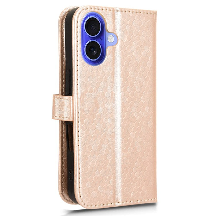 For iPhone 16 Wallet Case Dot Pattern Imprint PU Leather Phone Cover - Rose Gold