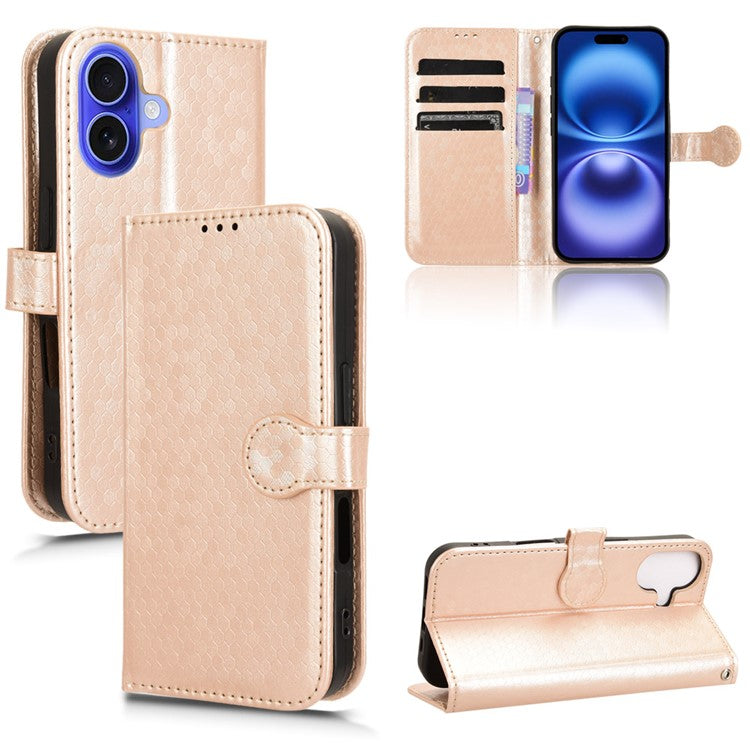 For iPhone 16 Wallet Case Dot Pattern Imprint PU Leather Phone Cover - Rose Gold