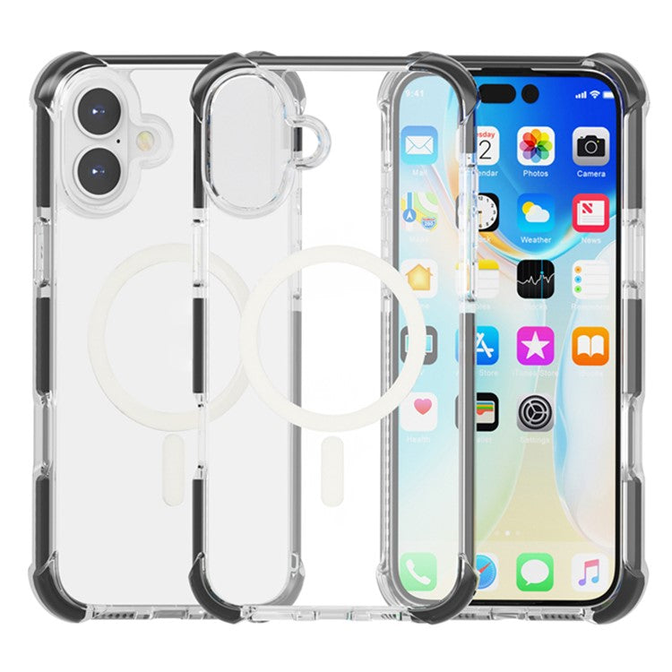 For iPhone 16 Case Compatible with MagSafe Reinforced Corners TPU+Acrylic+TPE Phone Cover - Clear+Black