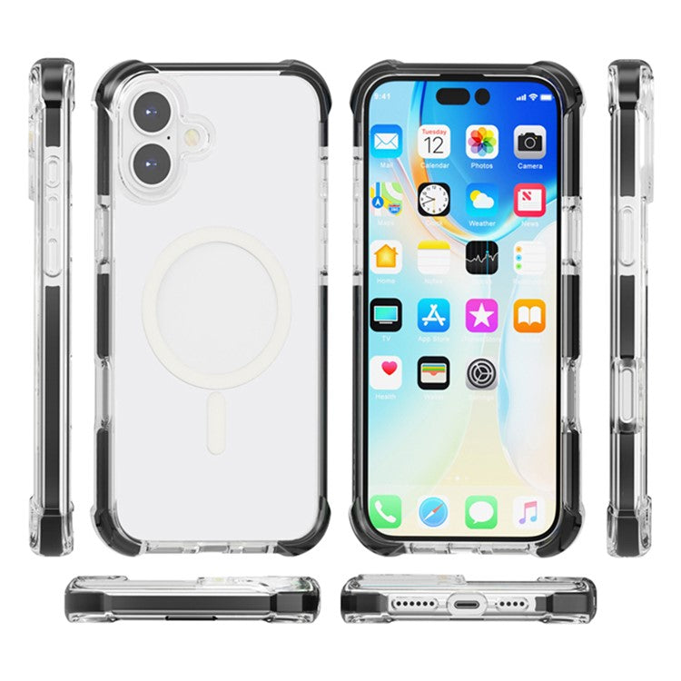 For iPhone 16 Case Compatible with MagSafe Reinforced Corners TPU+Acrylic+TPE Phone Cover - Clear+Black