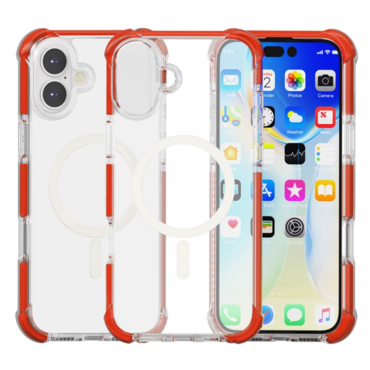 For iPhone 16 Plus Case Compatible with MagSafe Reinforced Corners TPU+Acrylic+TPE Phone Cover - Red