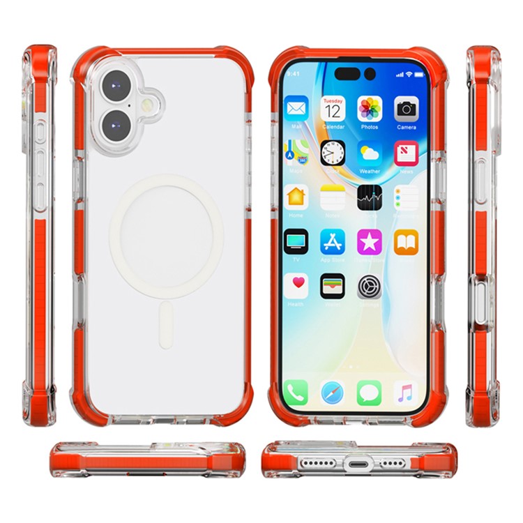 For iPhone 16 Plus Case Compatible with MagSafe Reinforced Corners TPU+Acrylic+TPE Phone Cover - Red