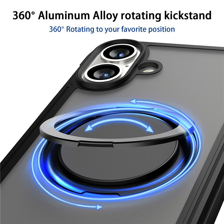Thunder 3 Series For iPhone 16 Case Rotating Magnetic Kickstand PC+TPU Matte Phone Cover - Grey