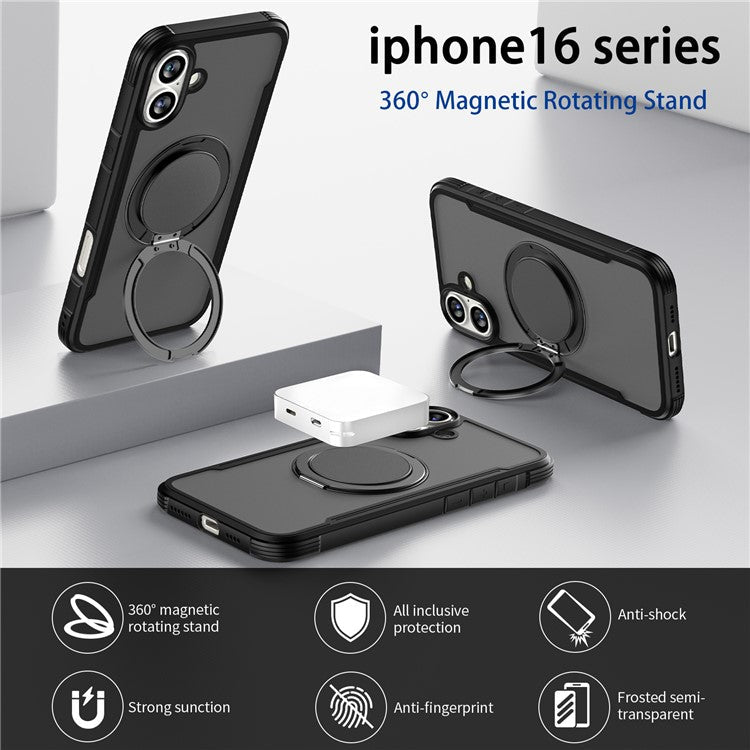 Thunder 3 Series For iPhone 16 Case Rotating Magnetic Kickstand PC+TPU Matte Phone Cover - Purple
